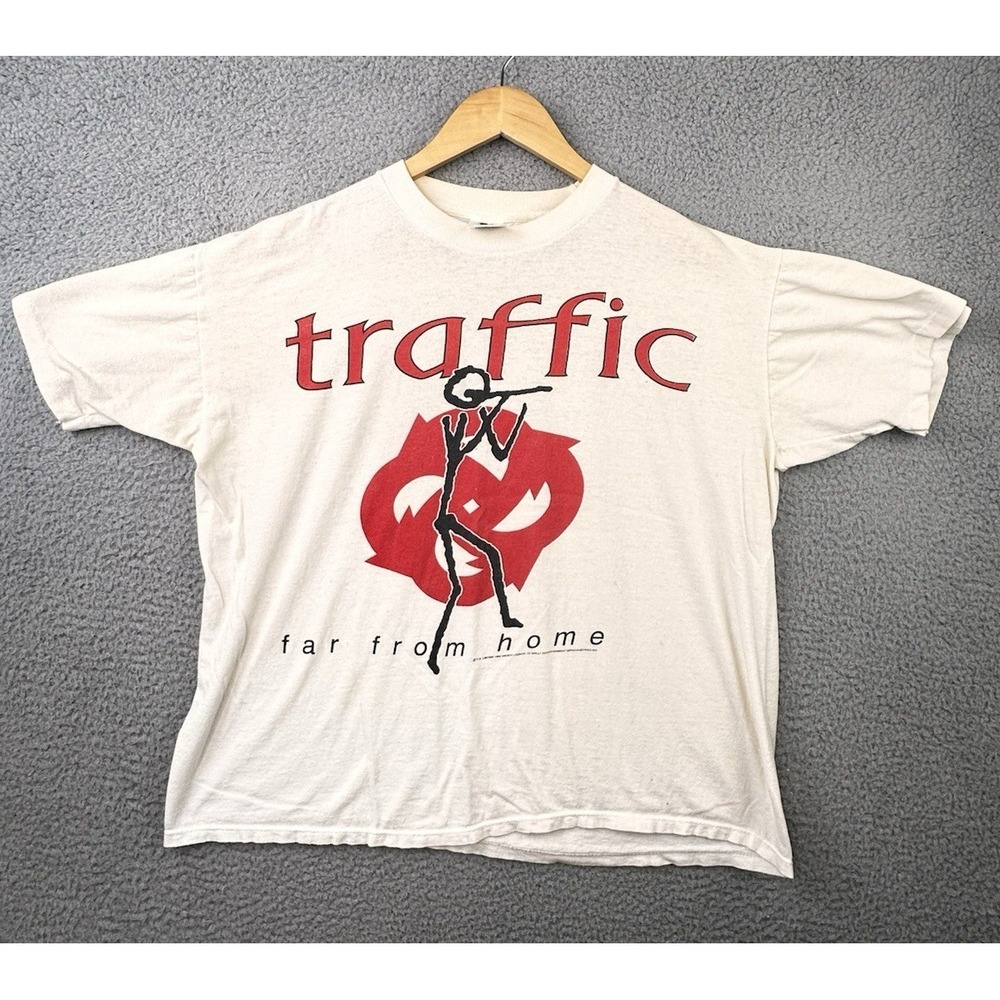 Vtg 90s Traffic Band Far From Home Tour Tee XL White Single Stitch USA Made